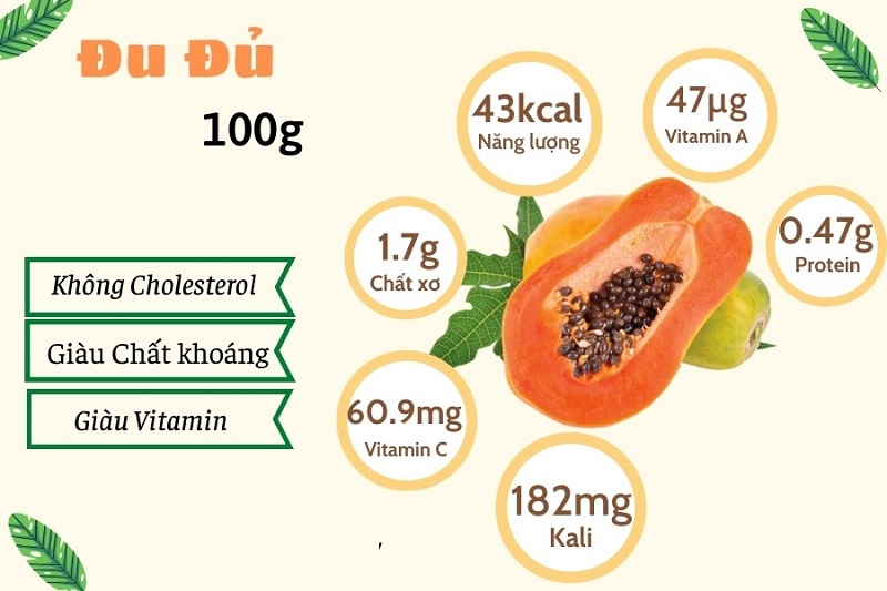 Các thành phần dinh dưỡng chính có trong đu đủ chín